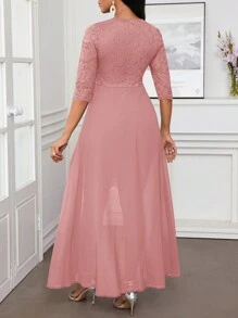 SHEIN Lady 秋冬圣诞派对礼服优雅蓝色蕾丝圆领不对称飘逸 - 粉色 - 查看 2