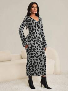SHEIN Lady Vestido de suéter largo para mujer con estampado de leopardo y mangas partidas, adecuado para primavera y verano en el trabajo
