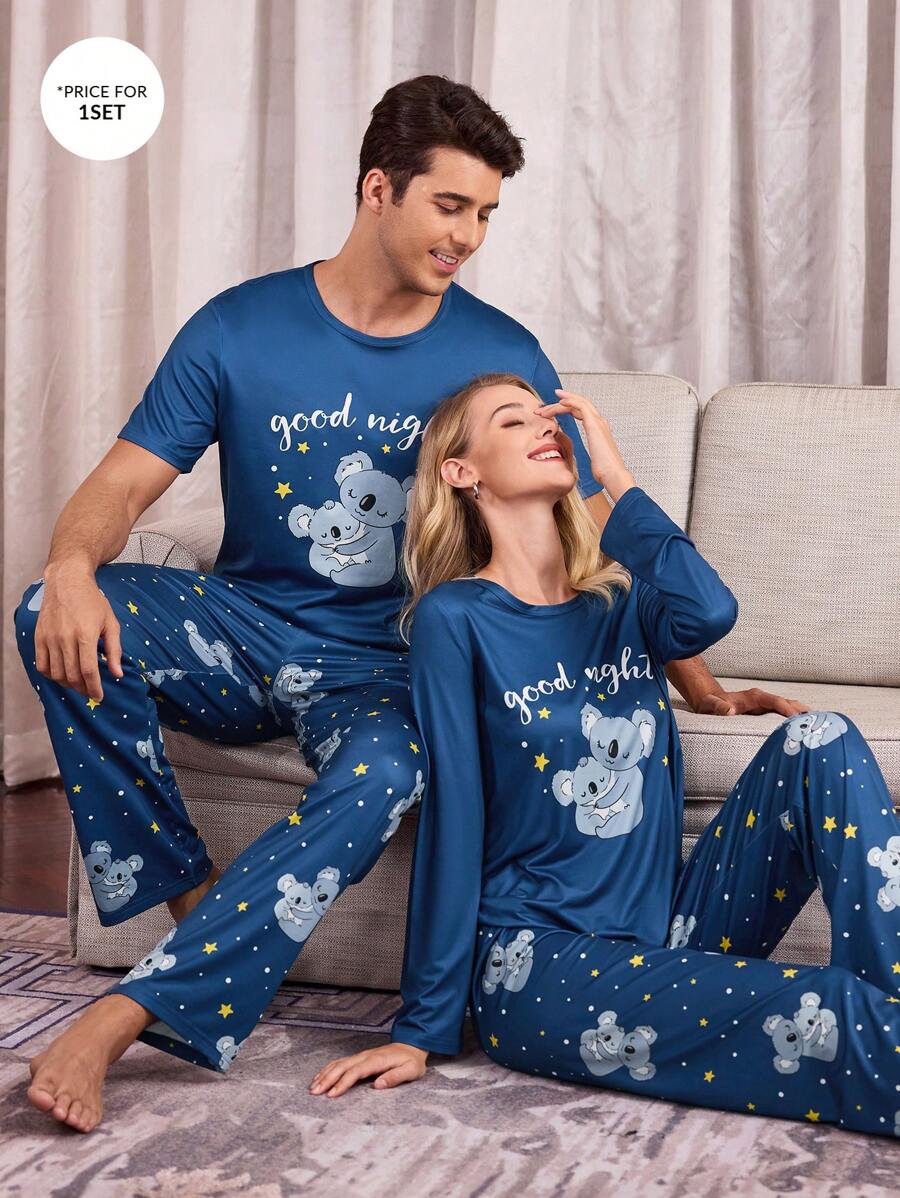 SHEIN 男士可爱考拉印花短袖睡衣套装 - 藍色 - 查看 1