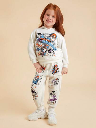 Blippi X SHEIN 年轻女孩 2 件装卡通好友字母印花眼镜图案白色休闲连帽衫运动衫和运动裤运动装