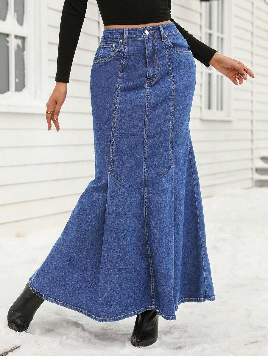 SHEIN Essnce Women's Fashion Distressed Wash Maxi Denim Fish Tail Skirt - Dark Wash - View 1