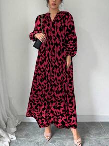 Chiquease Đầm dài thường ngày rộng rãi cổ chữ V họa tiết da báo, trang phục thu đông năm mới cho phụ nữ - Đỏ - Xem 1