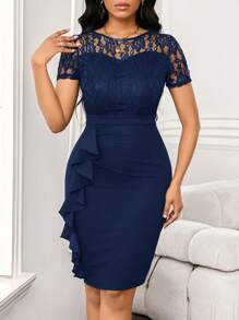 SHEIN Lady 婚礼宾客礼服蕾丝拼接荷叶边女士包臀裙工作聚会女装连衣裙 - 藏蓝色 - 查看 3