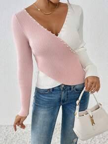 SHEIN Clasi Women's Elegant Commute Daily Ballet Style Slim Fashion Cross Design Slimming Beaded Detail Party Gathering V-Neck Autumn Winter Pullover Sweater Business Casual Woman,Work Wear,Fall Wedding Guest Dress,