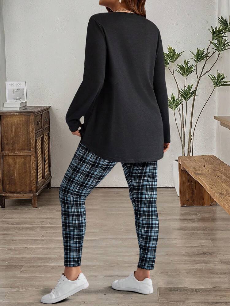 Plus Size Women's Black T-Shirt And Plaid Leggings Set ,Spring/Summer/Vacation