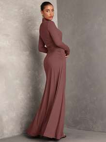 SHEIN BAE Women Solid Color Stand Collar Long Sleeve Pleated Dress, Fall Wedding Guest Dress, Dress Elegant, Winter Women Dress, Fall Women Dresses, Concert Women Outfit