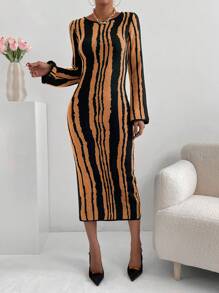 SHEIN Clasi Women Casual Color Block Striped Fitted Knit Sweater Dress, Autumn/Winter Fall Cloth For Women - Multicolor - View 6