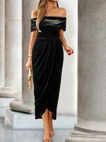 SHEIN Clasi 1 Peça Vestido Longo Minimalista Elegante com Ombros Abertos para Mulheres - Preto - Visão 5