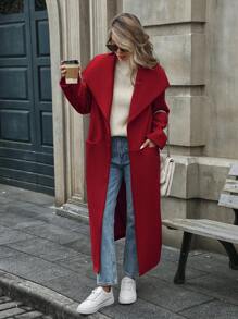 SHEIN LUNE 2024新款女士纯色时尚休闲通勤适合办公室长款保暖厚外套秋冬新年衣服 - 紅色 - 查看 5