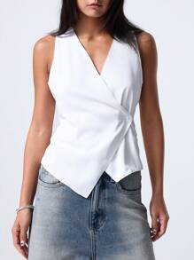 LYSMO Women's Sexy Street Casual Solid Color Backless Tied Wrap Button Asymmetrical Hem Tank Top, Summer - White - View 2