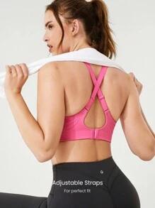 GLOWMODE Sweat-Wicking Supportive X-Strap U Neck Back Buckle Perforated Sports Bra High Impact Jogging Gym Training Daily - Pink - View 3