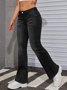 SHEIN ICON 女士休闲低腰简约纯色喇叭牛仔裤感恩节圣诞节女士保暖内衬 - 黑色 - 查看 6