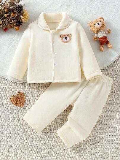 寶寶男孩泰迪熊圖案兩件套家居服裝，長袖上衣和長褲