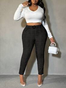 SHEIN SXY Plus Size Plaid Print Slim Fit Suit Pants, Casual Commuting