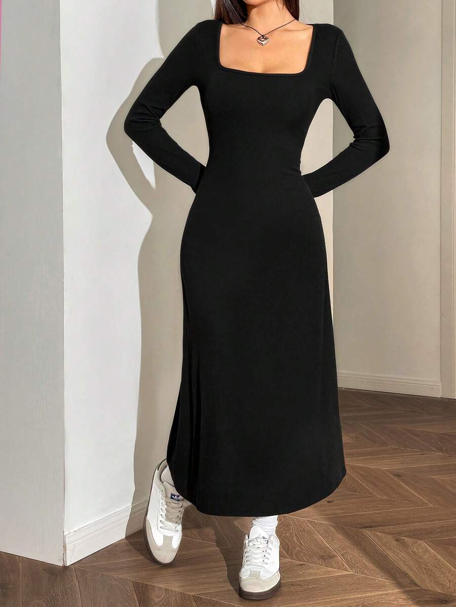 SHEIN EZwear 1 件女式方领修身长袖连衣裙，优雅 - 黑色 - 查看 1