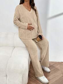 SHEIN Maternity 2pcs Set, V-Neck Long Sleeve T-Shirt & Elastic Waist Straight Pants, Casual Nursing Outfit - Apricot - View 3