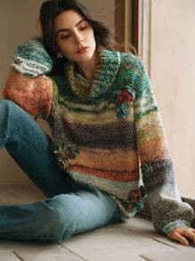 Anewsta 女士时尚不对称撞色条纹宽松高领毛衣，饰有3D立体花卉刺绣，秋冬针织套头衫 - 彩色 - 查看 1