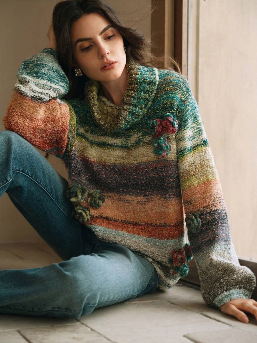 Anewsta 女士时尚不对称撞色条纹宽松高领毛衣，饰有3D立体花卉刺绣，秋冬针织套头衫 - 彩色 - 查看 1