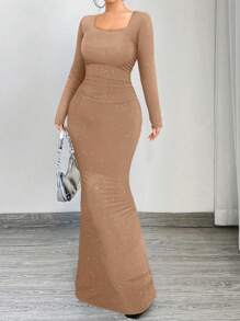 SHEIN SXY Đầm dài tay cổ vuông màu đen lấp lánh, ôm sát eo, thanh lịch và quyến rũ, thích hợp cho các buổi hẹn hò, tụ tập, tiệc sinh nhật và sự kiện - Màu be - Xem 5