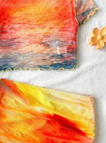 Soleia WYWH 女士度假风格橙色扎染日落印花网眼短款上衣和迷你裙两件套，适合海滩、度假村、音乐节、夏季 - 彩色 - 查看 3
