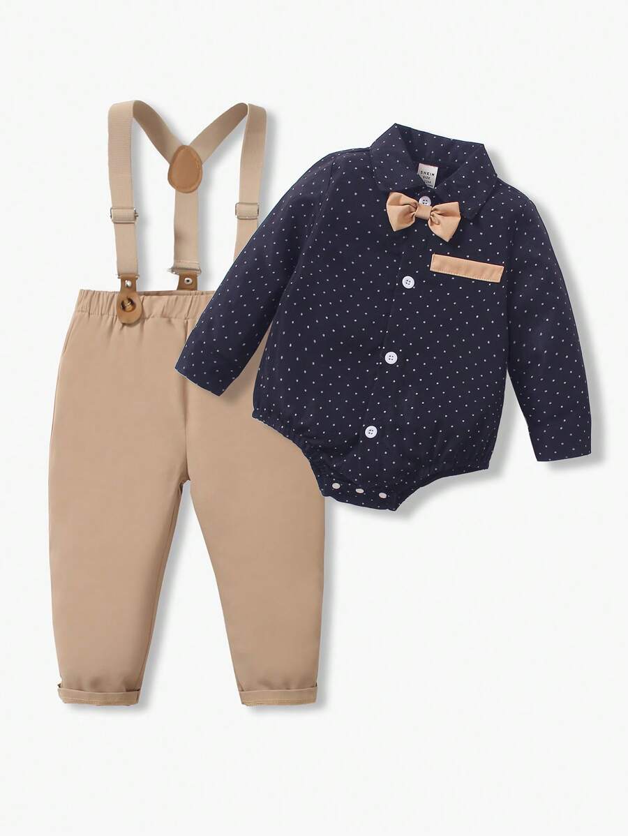 SHEIN Conjunto de 2 piezas para niño bebé con camisa de manga larga con lunares y moño, y pantalones de tirantes estilo caballero, adecuado para ocasiones casuales, formales, fiestas de cumpleaños, Halloween y Navidad