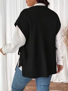 SHEIN CURVE+ 大码女式红色圆领扭结侧蝴蝶结宽松无袖背心，优雅适合秋冬季通勤和度假 - 黑色 - 查看 2