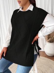 SHEIN CURVE+ 大码女式红色圆领扭结侧蝴蝶结宽松无袖背心，优雅适合秋冬季通勤和度假 - 黑色 - 查看 5