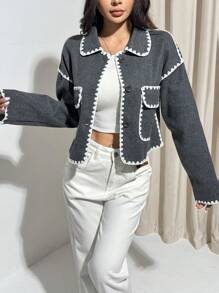SHEIN EZwear 秋季休闲拼色短款夹克 - 深灰色 - 查看 3