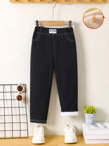 SHEIN 1 quần dài lưng thun co giãn mềm mại phong cách Hàn Quốc cho bé trai/bé gái thường ngày, thích hợp mặc hàng ngày, đi học, đi chơi, thể thao, mùa thu/đông - màu đen - Xem 3