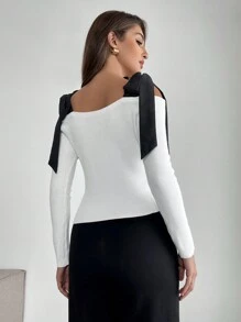 SHEIN Privé 女士新款优雅派对肩部蝴蝶结吊带毛衣，撞色设计时尚套头衫，圣诞服装，聚会，秋冬 - 黑與白 - 查看 4