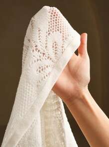 Anewsta Elegant Lace Mesh Floral Hollow See-Through Textured Round Neck Women Knit T-Shirt Undershirt