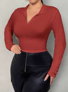 SHEIN SXY 春夏高领半拉链短款白色长袖T恤 - 紅色 - 查看 5