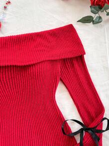 Soleia 休闲露肩喇叭袖系腰连体裤 - 紅色 - 查看 6