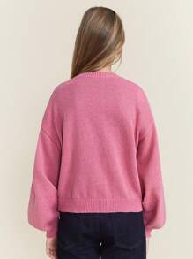 SHEIN Tween 女童图案印花圆领休闲套头毛衣 - 粉色 - 查看 2