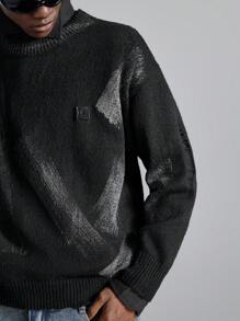 NEON BLANC Men's Loose Streetwear Style Black & White Knitted Long Sleeve Sweater, For Fall Winter - Black - View 3