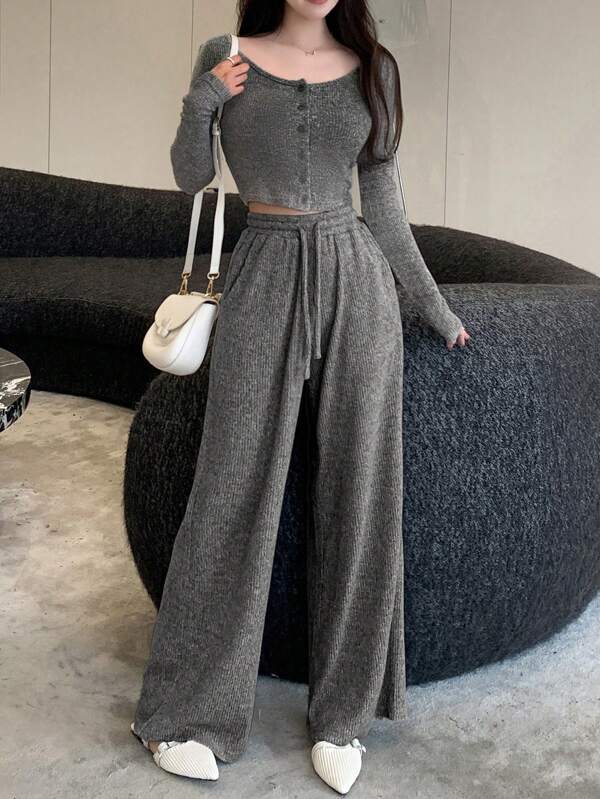 DAZY 2pcs Set Women Casual Solid Color Long Sleeve Top And Wide Leg Pants, Autumn