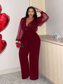 Slaydiva Kombinezon z brokatem i przezroczystym dekoltem w serek w dużym rozmiarze, gorący strój na wieczór walentynkowy - Burgund - Zobacz 5