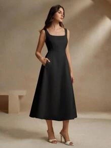 Anewsta French Style Black Square Neck Strap A-Line Cinched Waist Flattering Dress Maxi Women Outfit