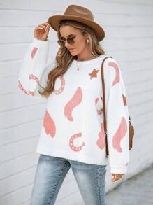 Wildy Christmas Sweater ,Women's Casual Western Boot Pattern Sweater,Long Sleeve Tops In Fall/Winter - White - View 4