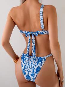 Women Porcelain Print One Shoulder Bikini Set Summer - Blue - View 2