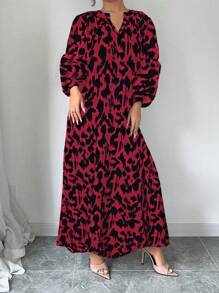 Chiquease Đầm dài thường ngày rộng rãi cổ chữ V họa tiết da báo, trang phục thu đông năm mới cho phụ nữ - Đỏ - Xem 4