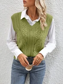 SHEIN LUNE Áo len dệt kim cổ chữ V màu trơn cho nữ, mùa thu/đông - màu xanh lá - Xem 1
