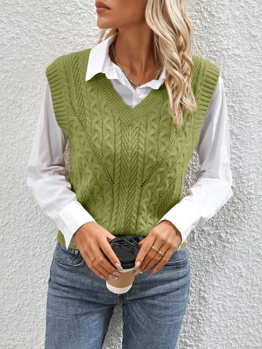 SHEIN LUNE Áo len dệt kim cổ chữ V màu trơn cho nữ, mùa thu/đông - màu xanh lá - Xem 1