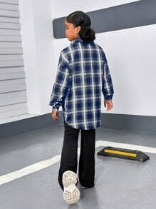 SHEIN 青少年女孩休闲格子长袖衬衫 + 无袖上衣 + 喇叭裤 3 件套服装 - 藏蓝色 - 查看 3