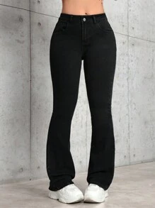 SHEIN PETITE Women's Casual Flared Jeans With Pockets Y2k - Black - View 6