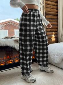 SHEIN EZwear Plus Size Plaid Print Elastic Waist Casual Jogger Sweatpants - Black - View 5