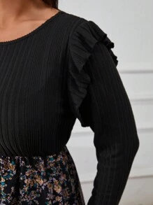 SHEIN VCAY 大码休闲碎花荷叶边下摆束腰连衣裙，秋季 - 彩色 - 查看 6