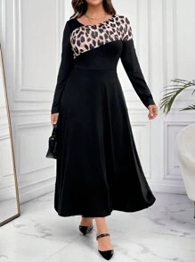 SHEIN Clasi Plus Size Women's Asymmetric Hemline Leopard Print Dress - Black - View 7