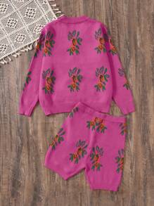 Tween Girl Casual Floral Print Loose 2 Pieces Set Consisting Of Cardigan And Shorts, Comfortable & Stylish - Hot Pink - View 2