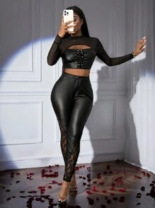 Slaydiva מכנסיים צמודים חדשים ואלגנטיים בגזרה גבוהה, מעור PU ותחרה, בגזרה שחורה לנשים - שחור - ראה 6